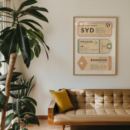 Custom airport code tag artwork leaning on wall, unique travel memory gift idea for jetsetters and adventurers.