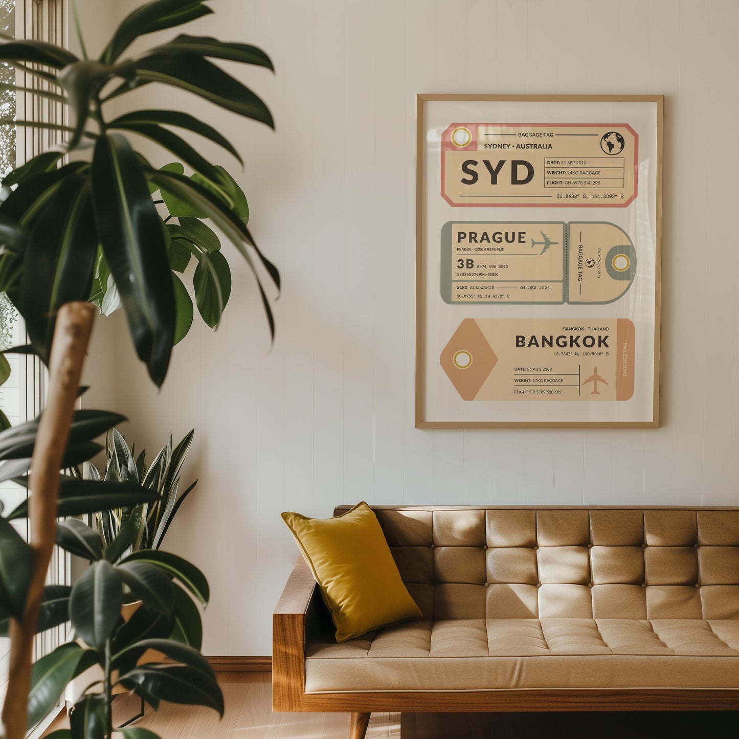 Custom airport code tag artwork leaning on wall, unique travel memory gift idea for jetsetters and adventurers.