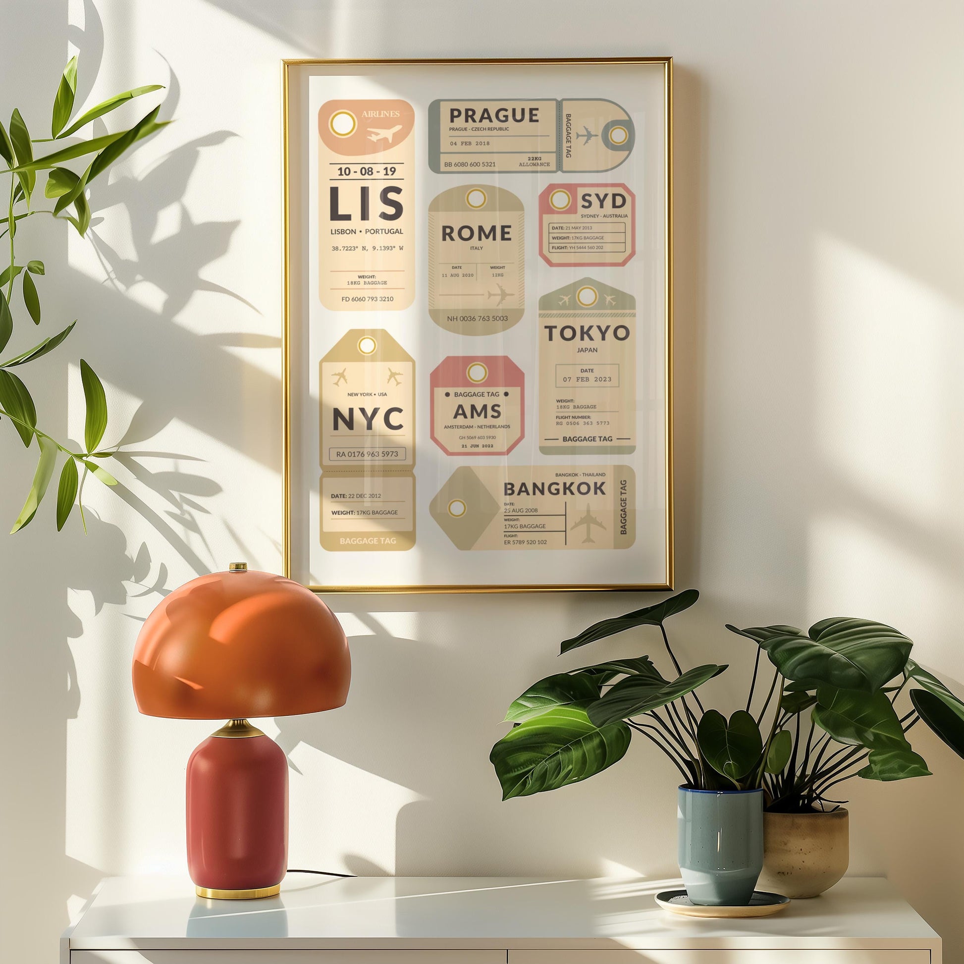 retro home with wood framed art on the wall showing vintage luggage tags with personal travel details on them.
