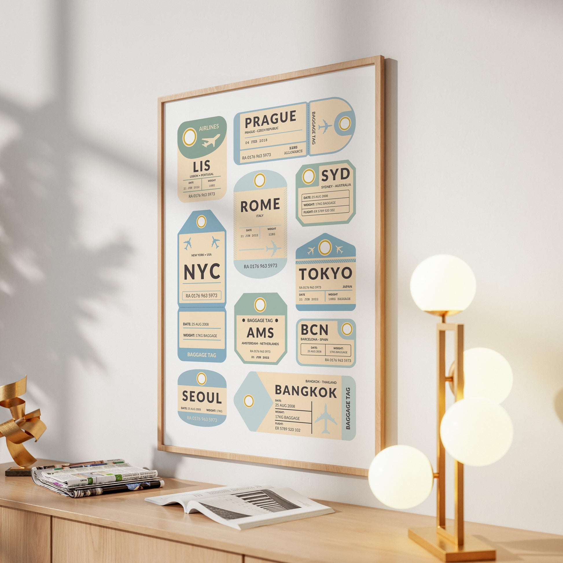 Elegant modern flat or home with a old school luggage tag stub art on the wall. custom to your travels and holidays