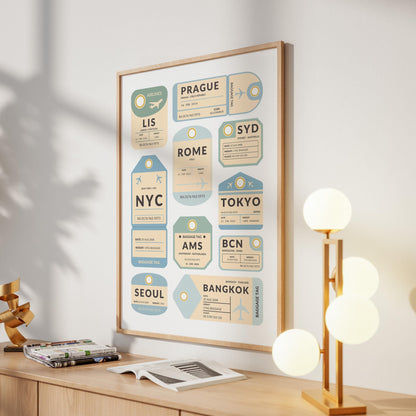 Elegant modern flat or home with a old school luggage tag stub art on the wall. custom to your travels and holidays