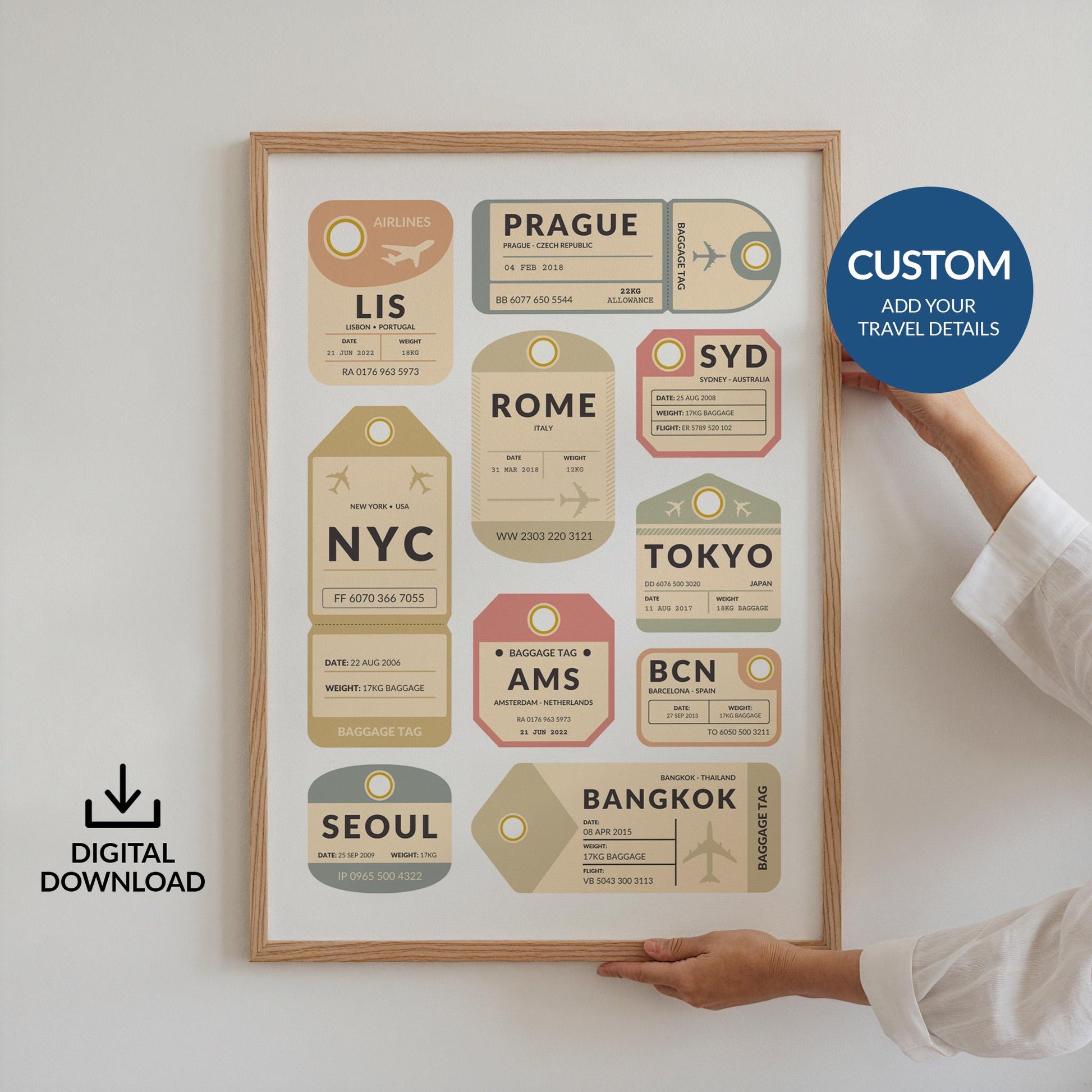Affordable printable travel tag art, digital file gift for travellers, perfect holiday keepsake or wall décor.