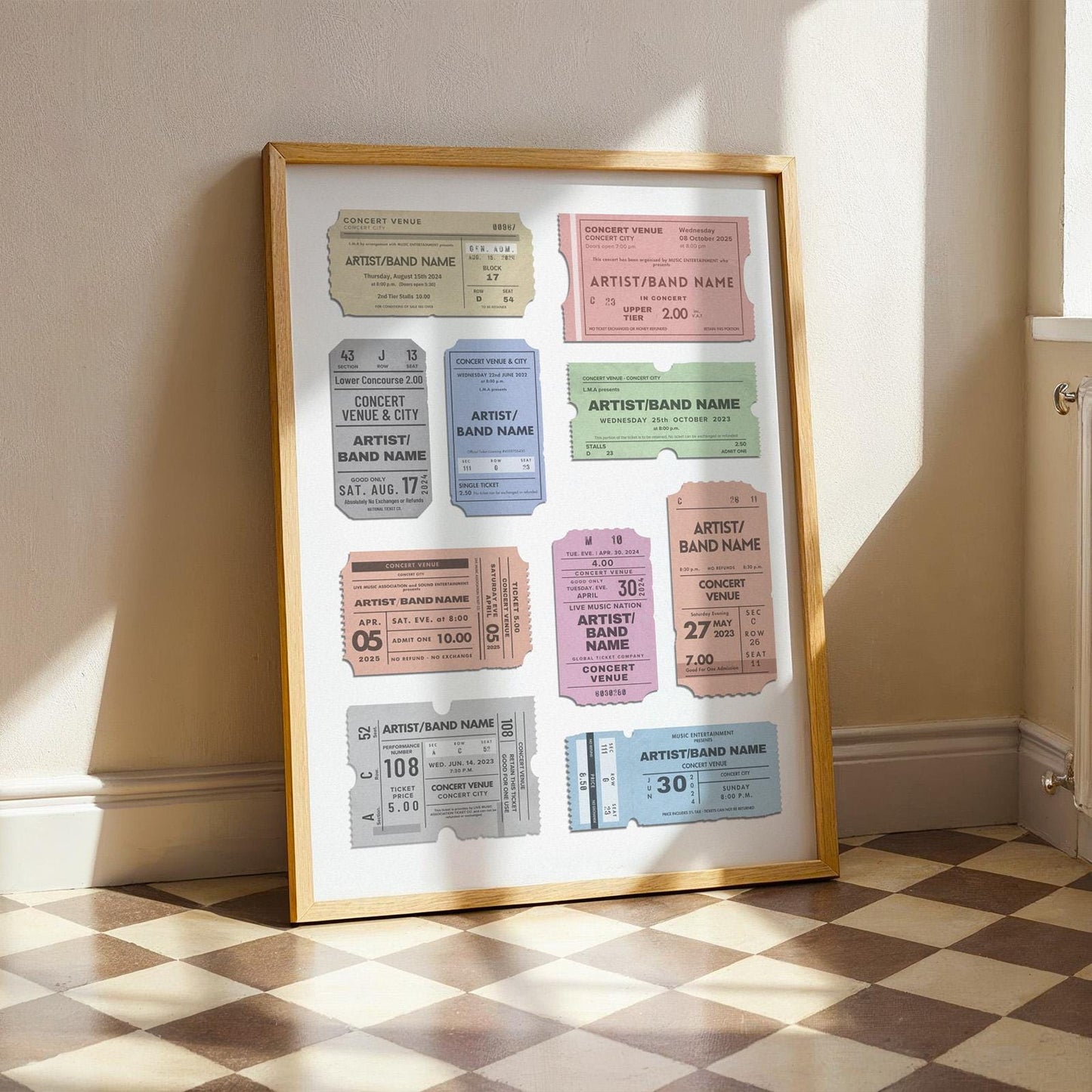 muted colour scheme old event stubs print in a wood frame. perfect gift idea for music fans