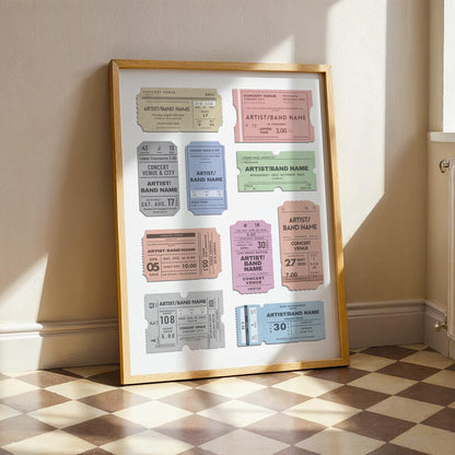 muted colour scheme old event stubs print in a wood frame. perfect gift idea for music fans