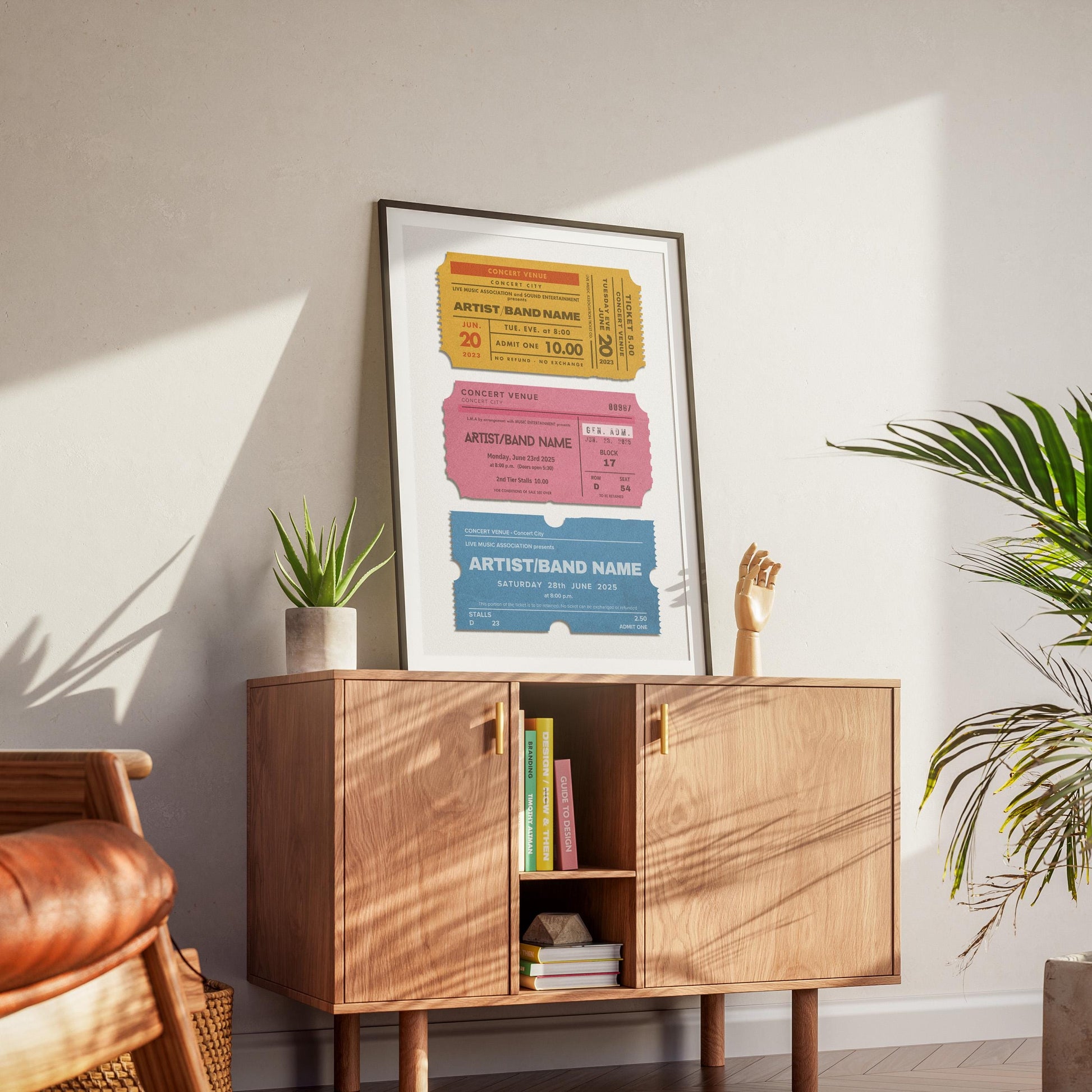 black framed on counter Music-themed personalised poster featuring your own concert dates in a vintage ticket stub design