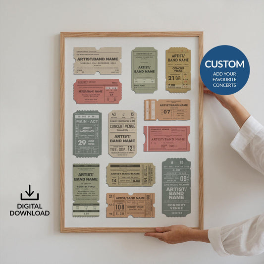 Custom digital download concert poster with vintage ticket stubs personalised with your favourite gigs and artists