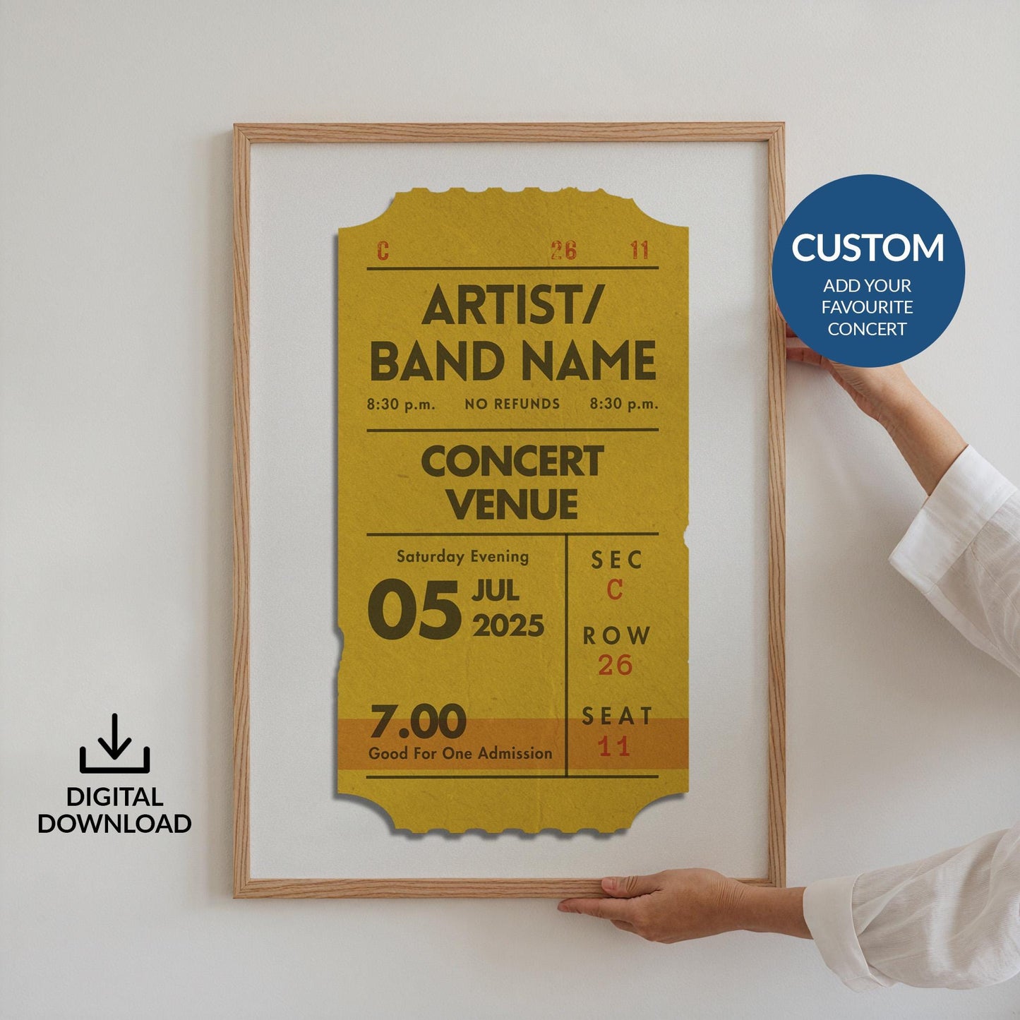 Mustard digital concert event poster, personalised single ticket design, unique nostalgic gift.