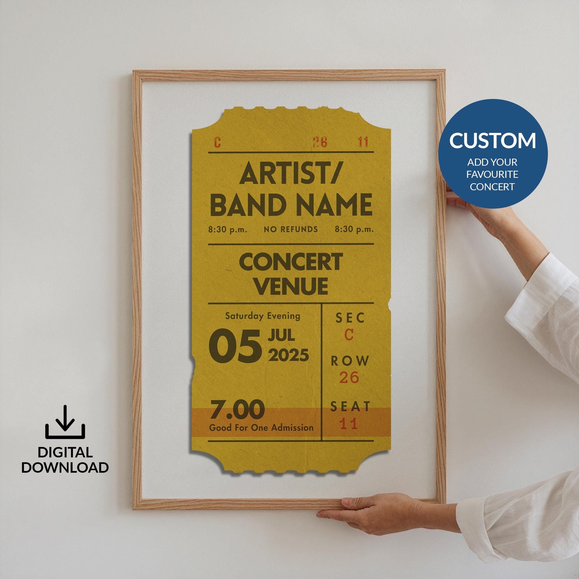 Mustard digital concert event poster, personalised single ticket design, unique nostalgic gift.