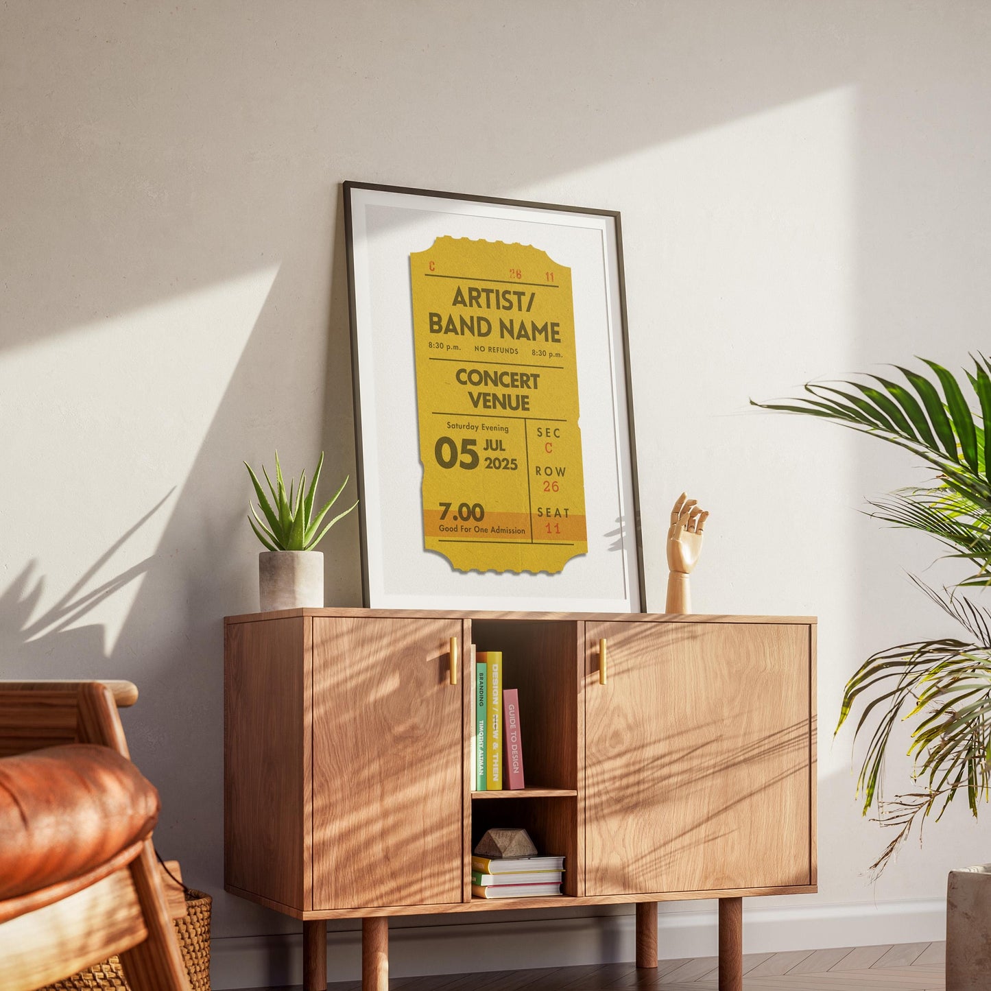 Custom framed band artist event wall art leaning on shelf, digital vintage-style keepsake, personalised single stub design.