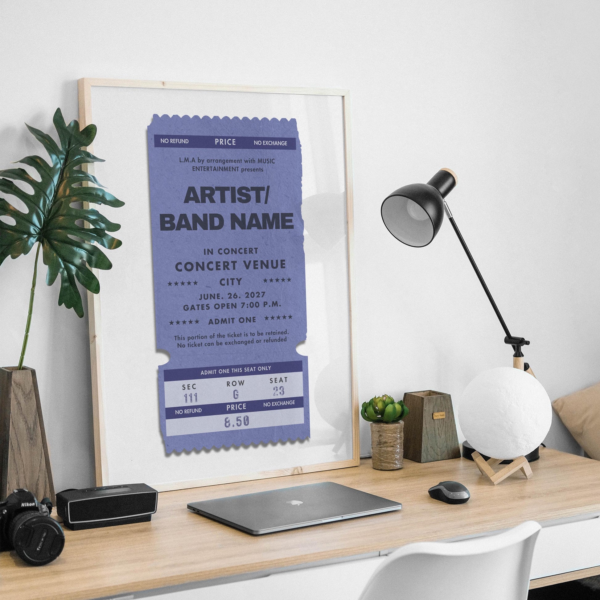 Framed single ticket print in dusty blue, bespoke concert keepsake, nostalgic decor idea. One of a kind unique art.