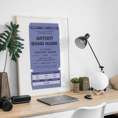 Framed single ticket print in dusty blue, bespoke concert keepsake, nostalgic decor idea. One of a kind unique art.