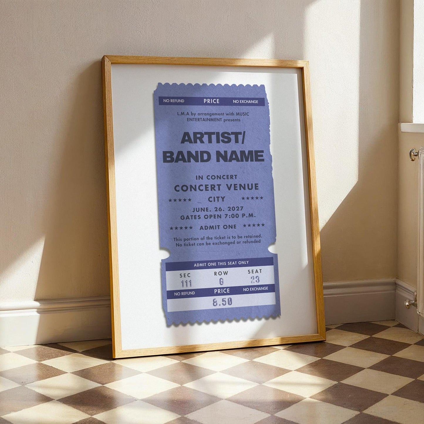 Framed personalised festival event poster in deep blue, bespoke vintage print leaning on the wall