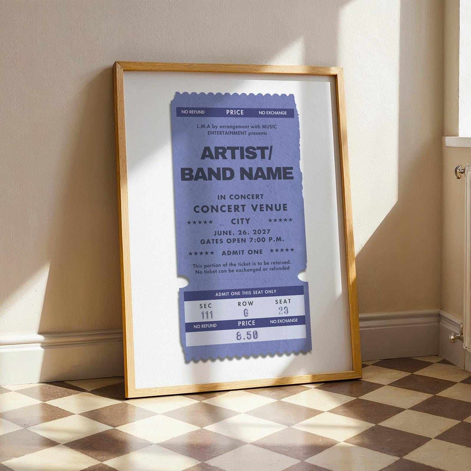 Framed personalised festival event poster in deep blue, bespoke vintage print leaning on the wall
