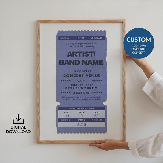 Custom sky band artist ticket print, printable file, personalised vintage-style music gift. Leaning on sofa in Livingroom.
