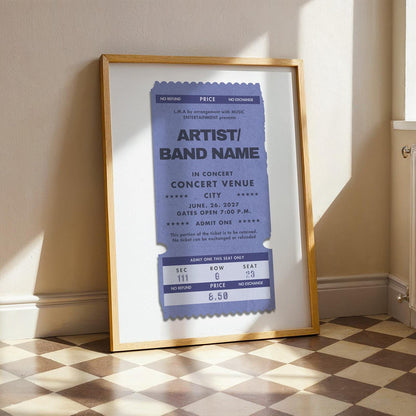 Navy blue concert ticket design, downloadable custom print, nostalgic gift for music lovers.