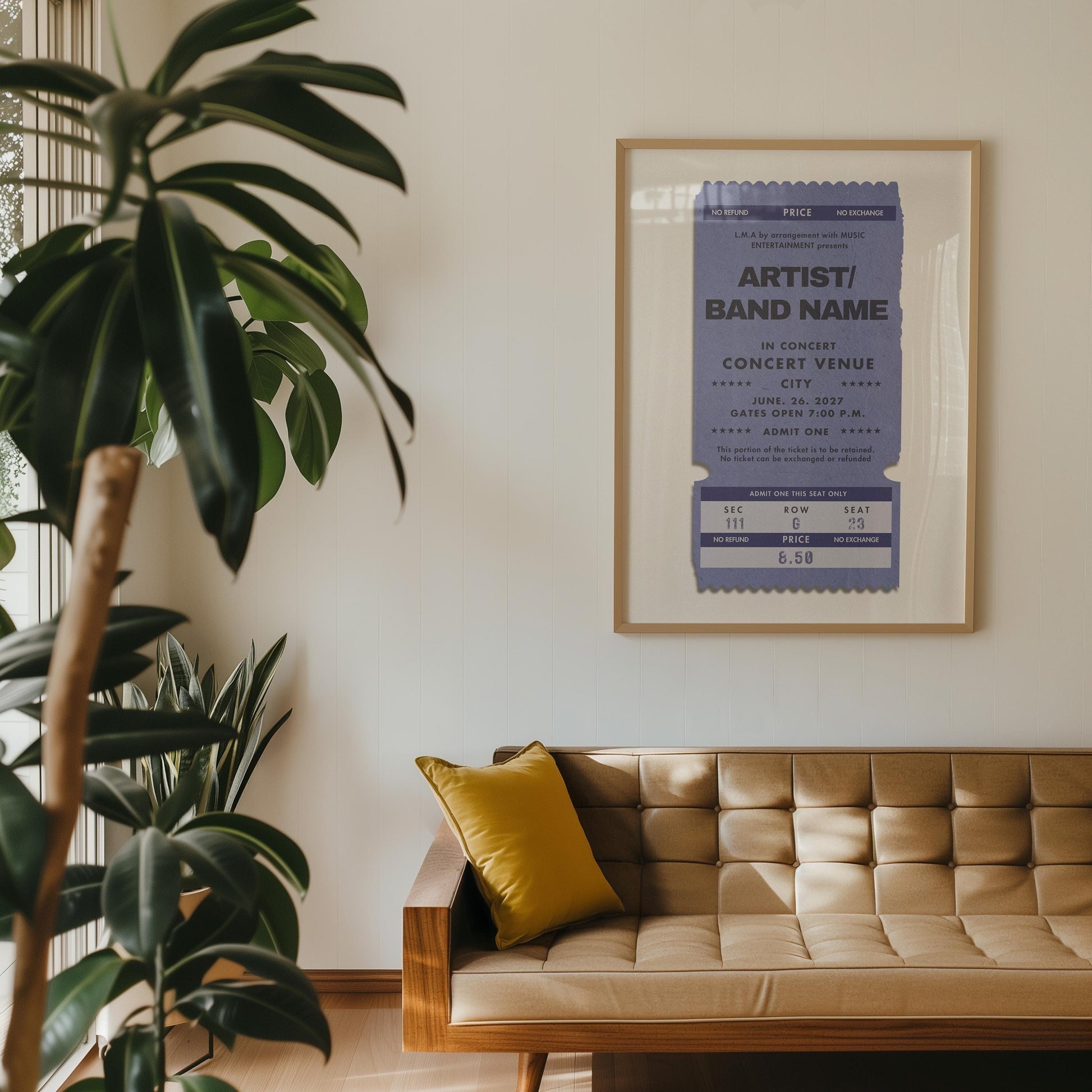Navy blue concert ticket design, downloadable custom print, nostalgic gift for music lovers.