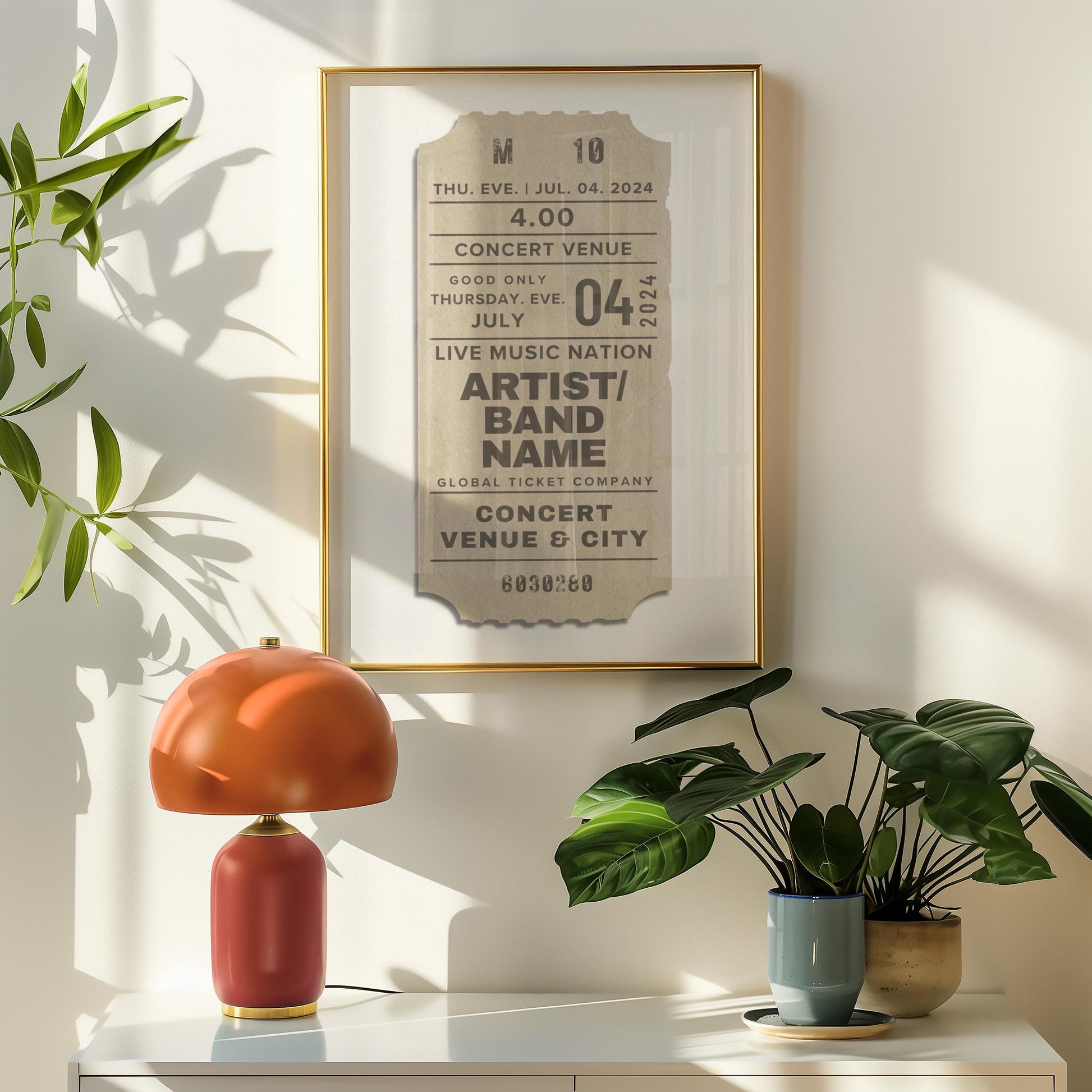 Framed beige concert ticket poster, personalised vintage print leaning on a shelf, nostalgic music gift.
