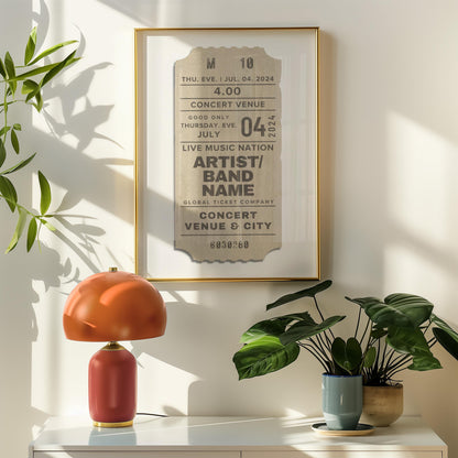 Framed beige concert ticket poster, personalised vintage print leaning on a shelf, nostalgic music gift.