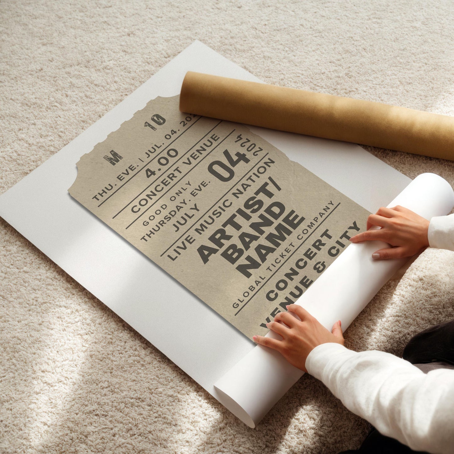 Personalised concert ticket in warm beige, vintage-style print, thoughtful framed keepsake.