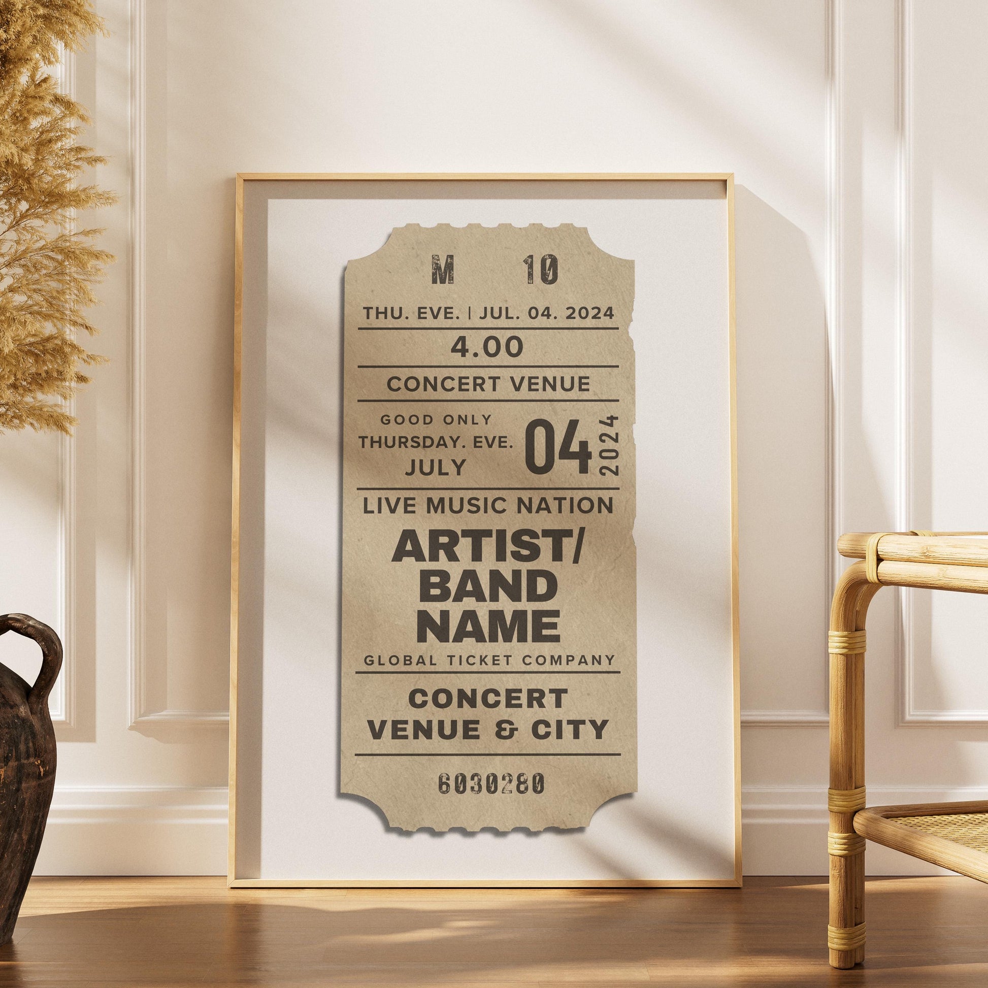 Personalised neutral concert ticket artwork, downloadable vintage-style music gift.