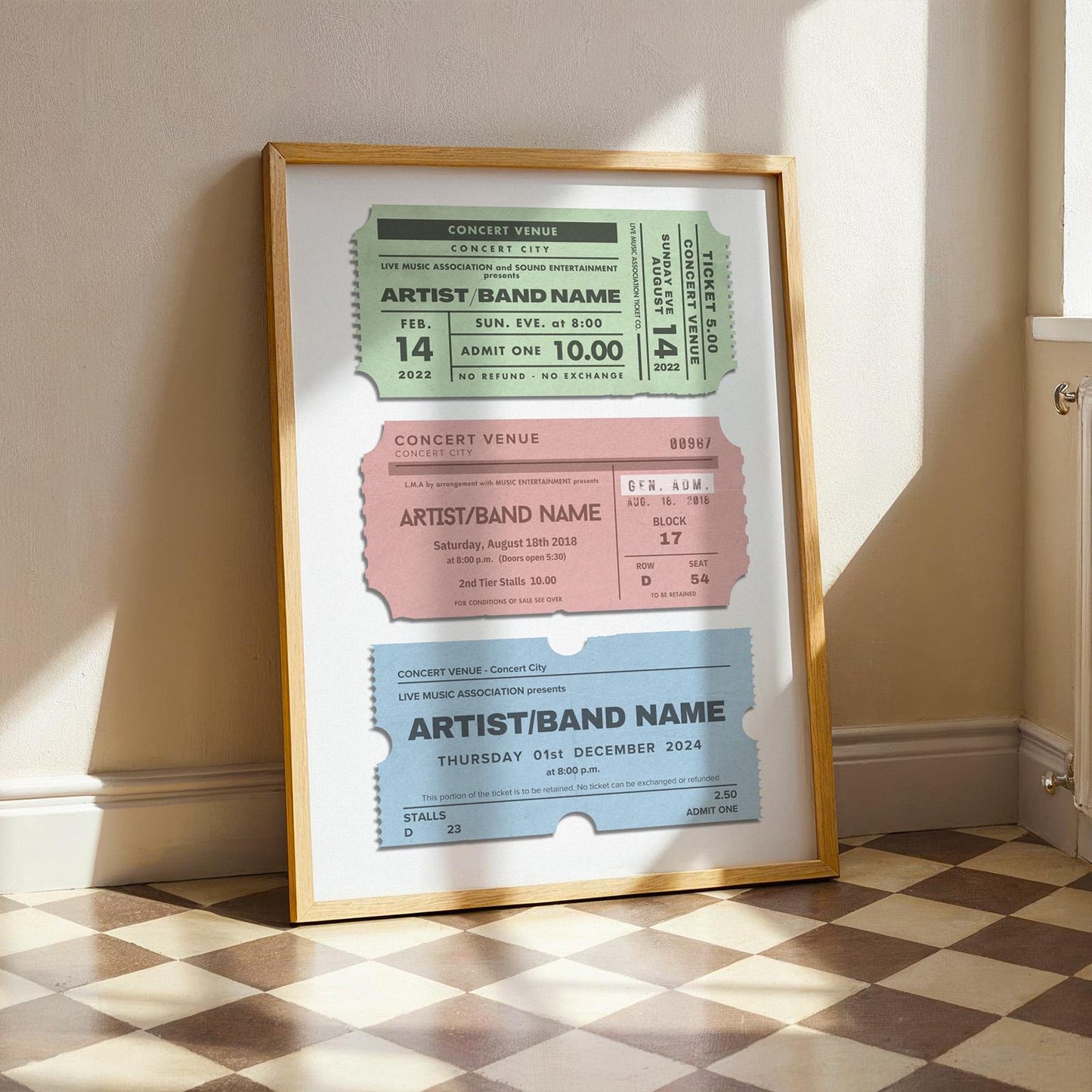 checker board kitchen floor with poster leaning on wall. Bespoke pastel colour nostalgic art.