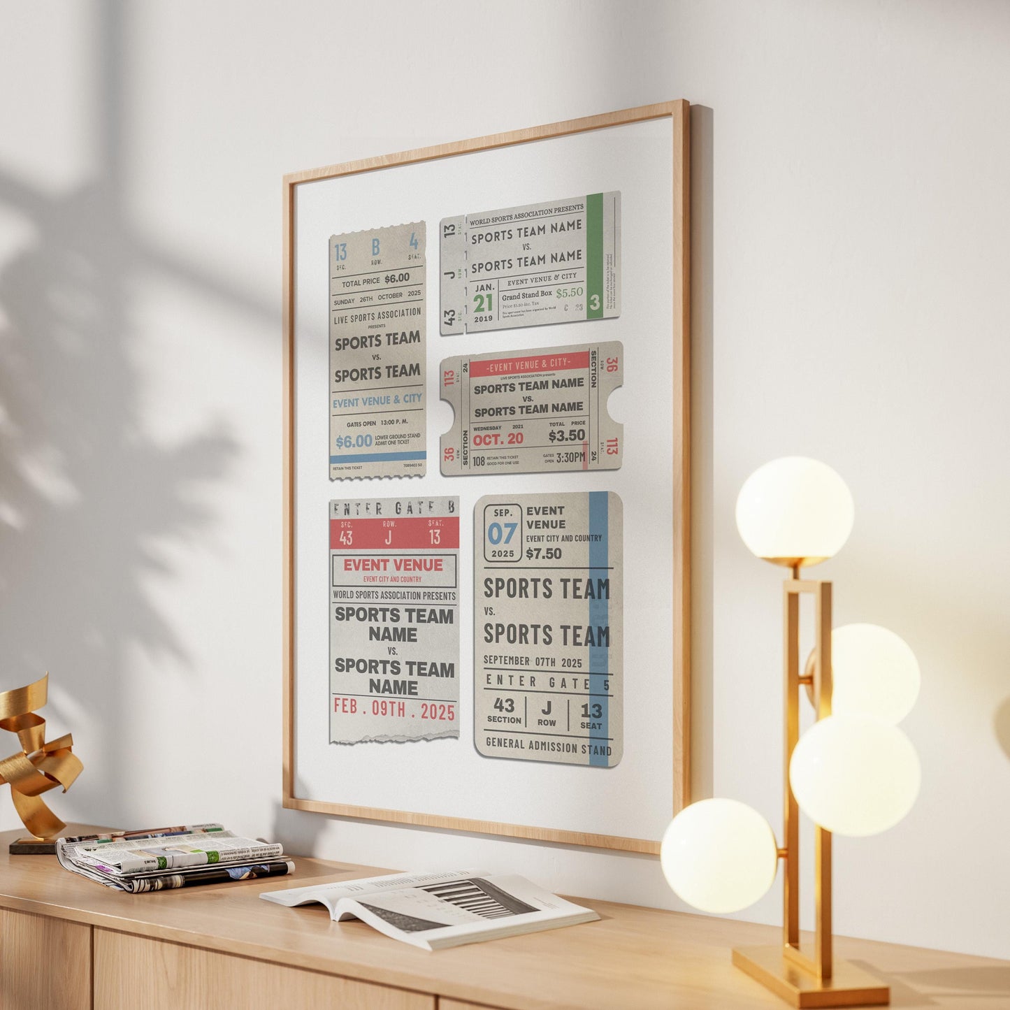 a vintage ticket stub art piece featuring green colours on football, rugby and soccer tickets.