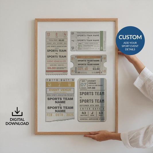 a printable digital file inspired by old sporting event ticket stubs. personalised and custom to your games.