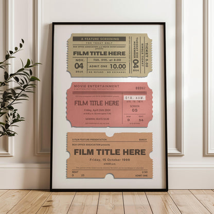 Custom vintage movie theatre ticket stubs print, great nostalgic gift for cinema buffs and blockbuster fans. unique keepsake