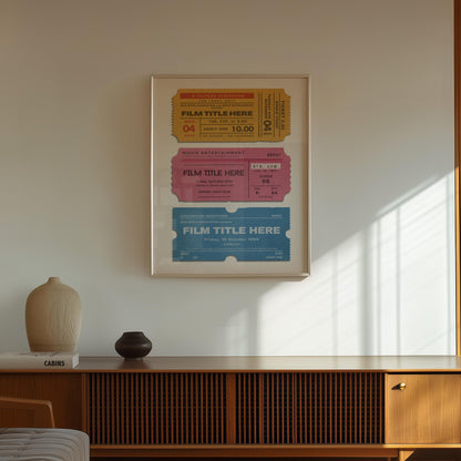 Vintage theatre ticket digital print, personalized for favourite films, perfect nostalgic gift. Leaning on shelf office