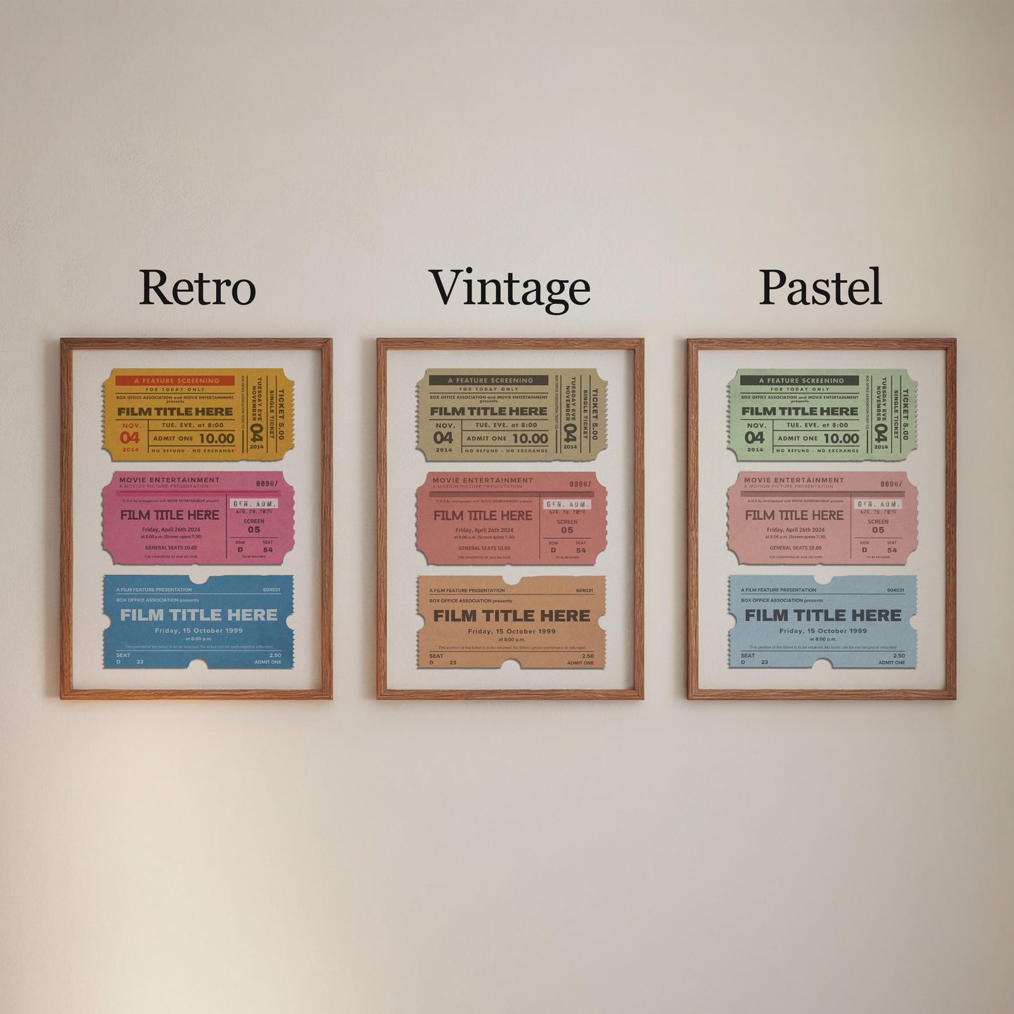 three colour schemes for the set of three tickets on the poster. retro, vintage or pastel colour schemes are available with muted nostalgic tones.