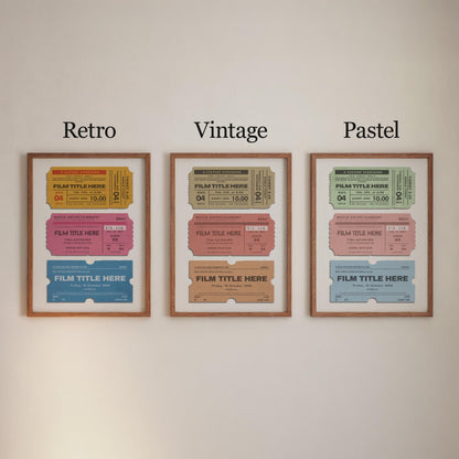 three colour schemes for the set of three tickets on the poster. retro, vintage or pastel colour schemes are available with muted nostalgic tones.