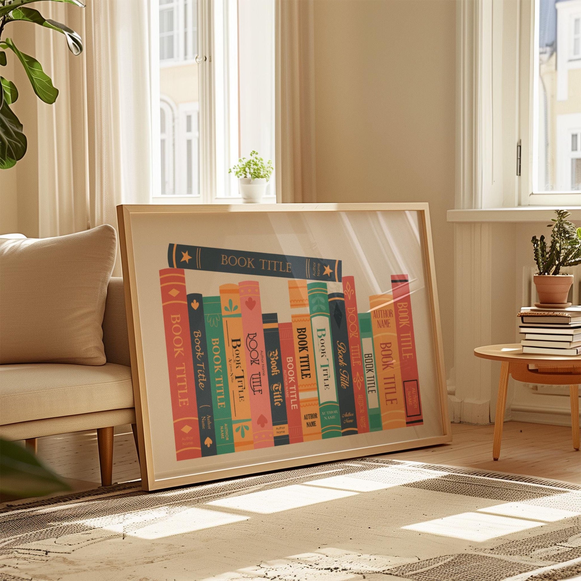 Aesthetic framed reader stack print leaning on wall bespoke gift idea for book lovers and reading nook decor