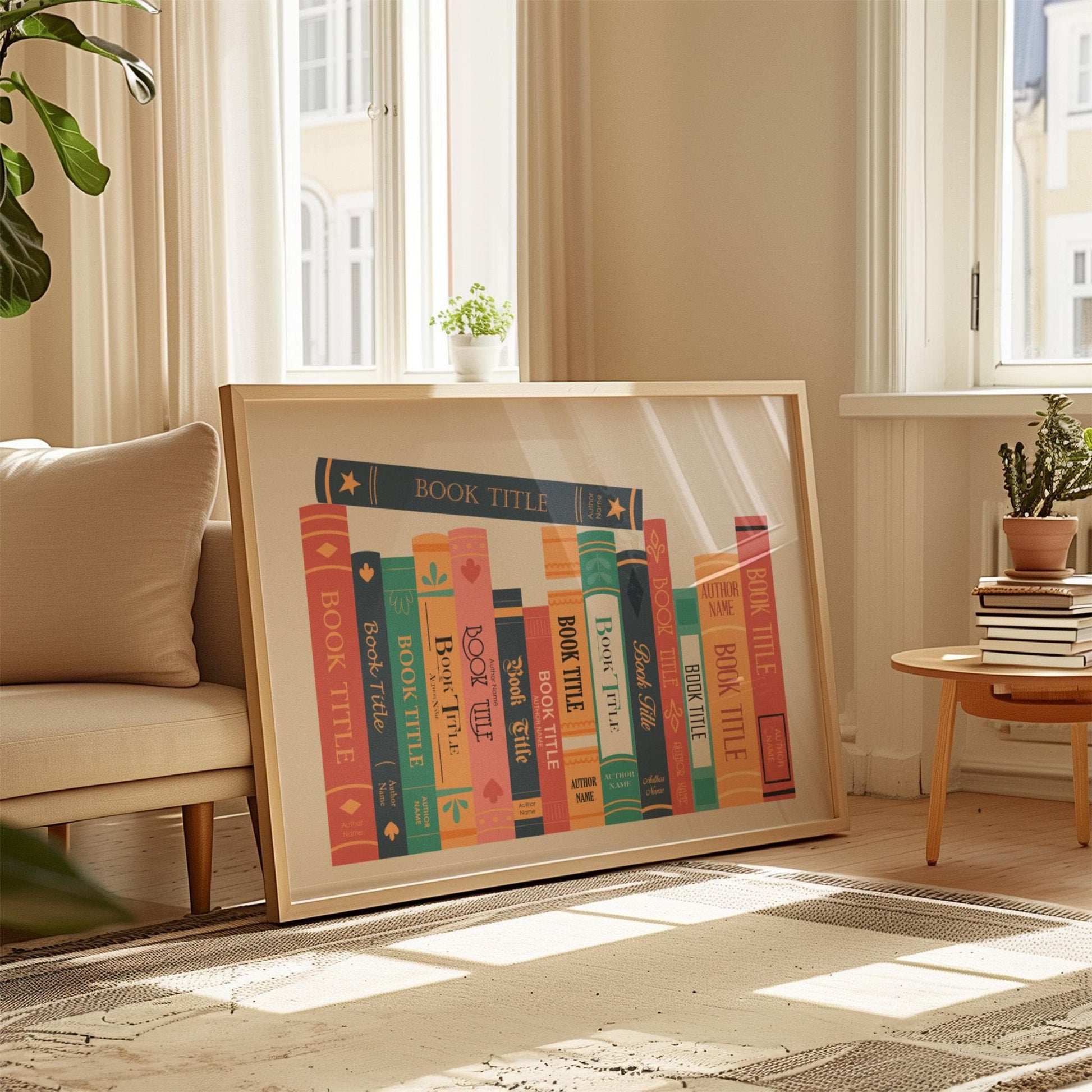 Aesthetic framed reader stack print leaning on wall bespoke gift idea for book lovers and reading nook decor