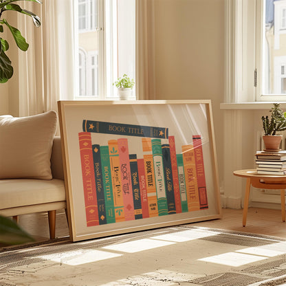 Aesthetic framed reader stack print leaning on wall bespoke gift idea for book lovers and reading nook decor