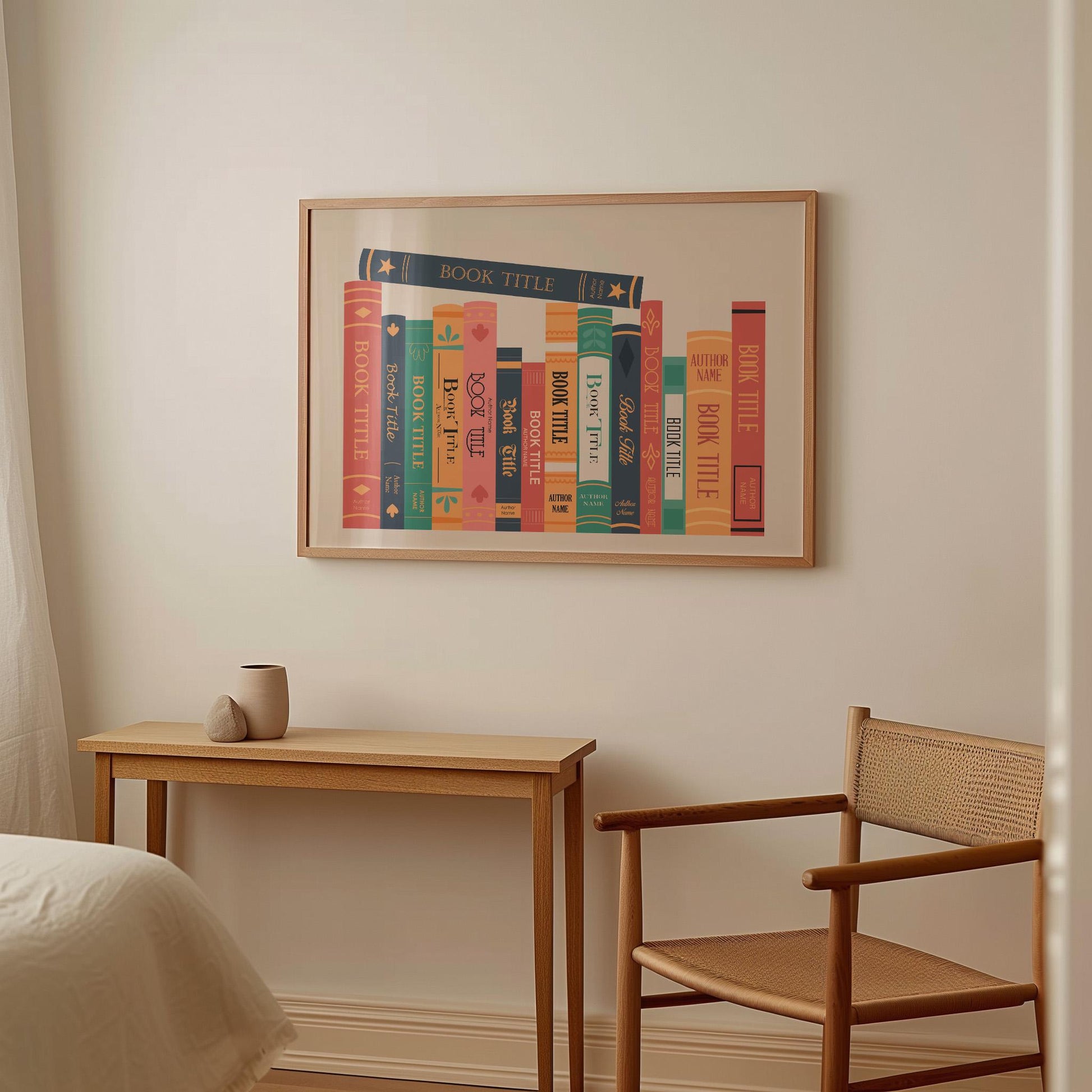 Colorful custom book print framed and styled for bookish shelf BookTok vibes and cozy reading spaces