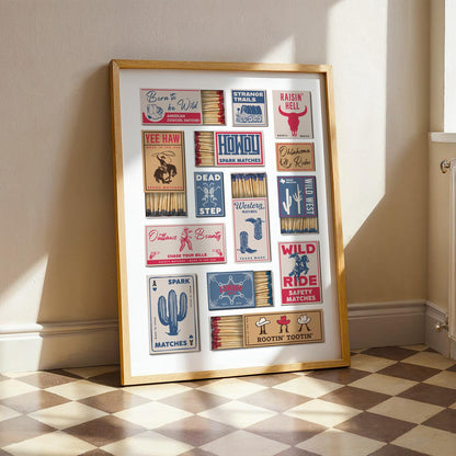 A rodeo inspired poster ready to download as a digital file showcasing vintage matchbox designs with a Western theme. The artwork includes illustrations of cacti, cowboy boots, and a bull's head. The frame is made of light-colored wood.
