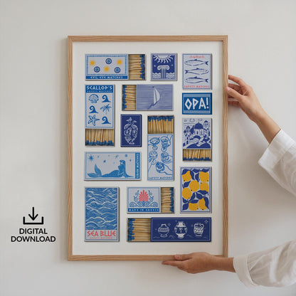 A print in a frame with multiple matchbox designs in blue and yellow. The illustrations depict a mermaid, fish, and the text "SEA BLUE". The frame is made of light-coloured wood. A note to say this is a digital file ready to download and print.