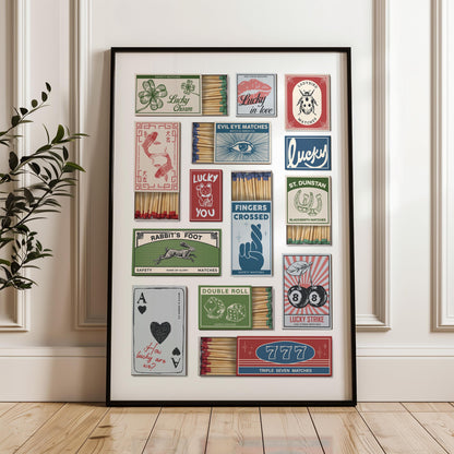 A printable print displaying a collection of vintage matchbox designs. The matchbooks feature various luck symbols and phrases, such as a four-leaf clover. The designs are in various colours.