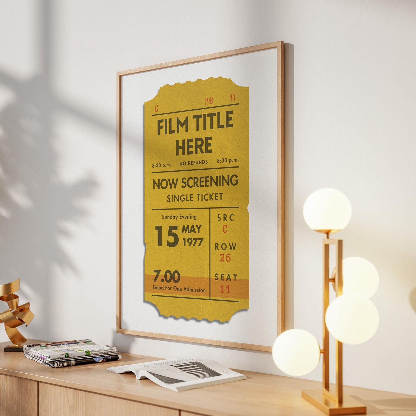 movie retro tickets stub print in living room with elegant white decor.