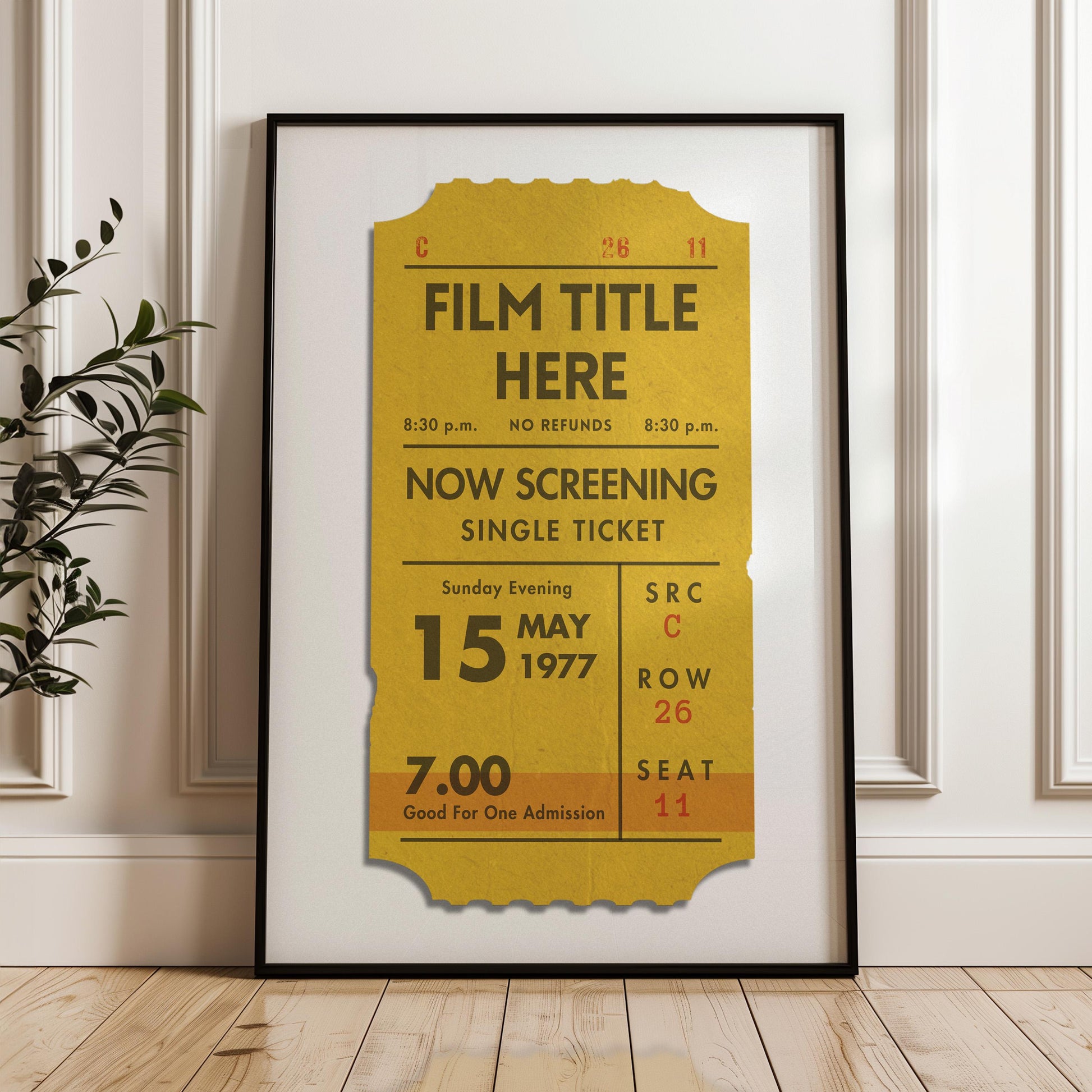 printable file of cinema ticket stub art in bright yellow design