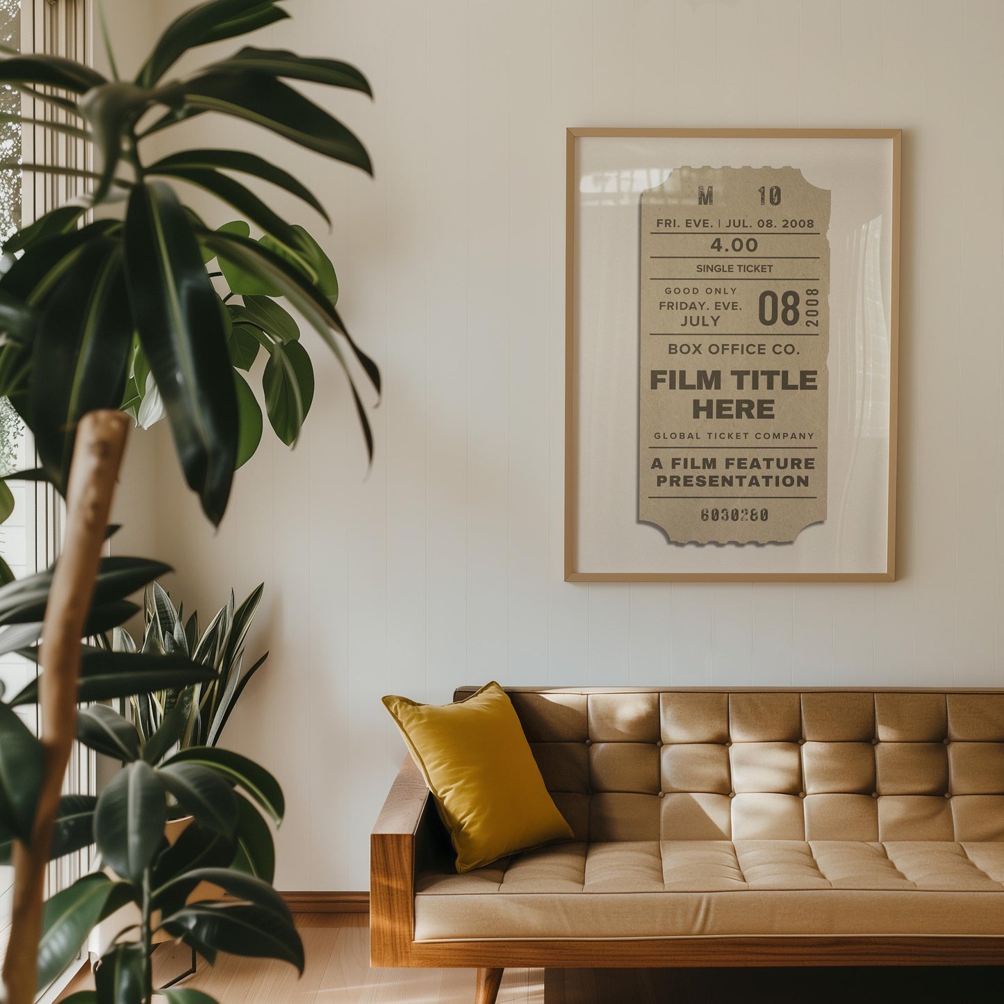 wood frame poster of personalised movie tickets pass in lounge
