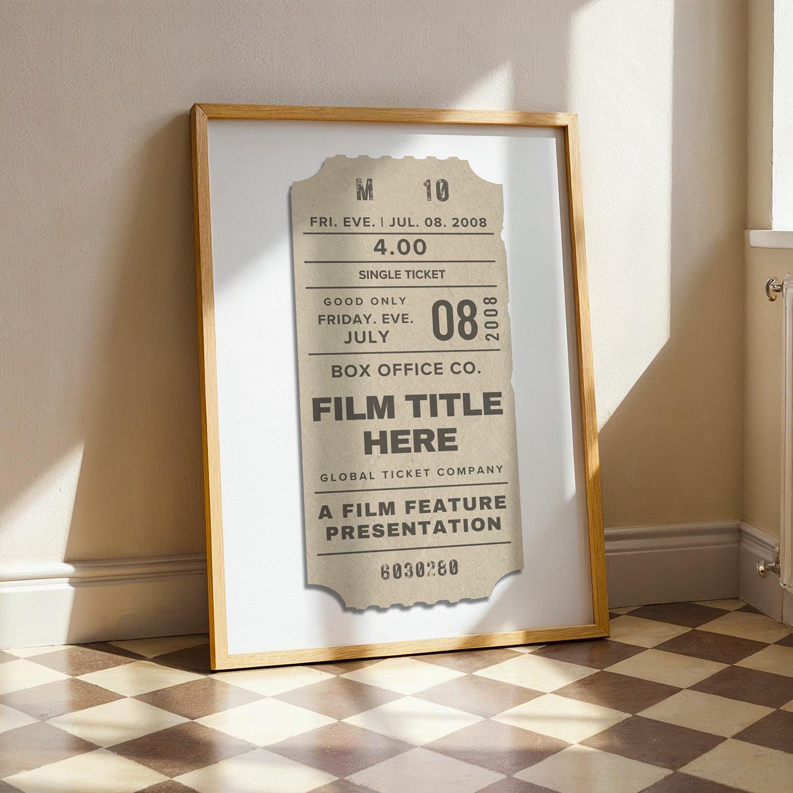 personalised ticket poster with film, release date, director, producer and other details like cinema seat number included.