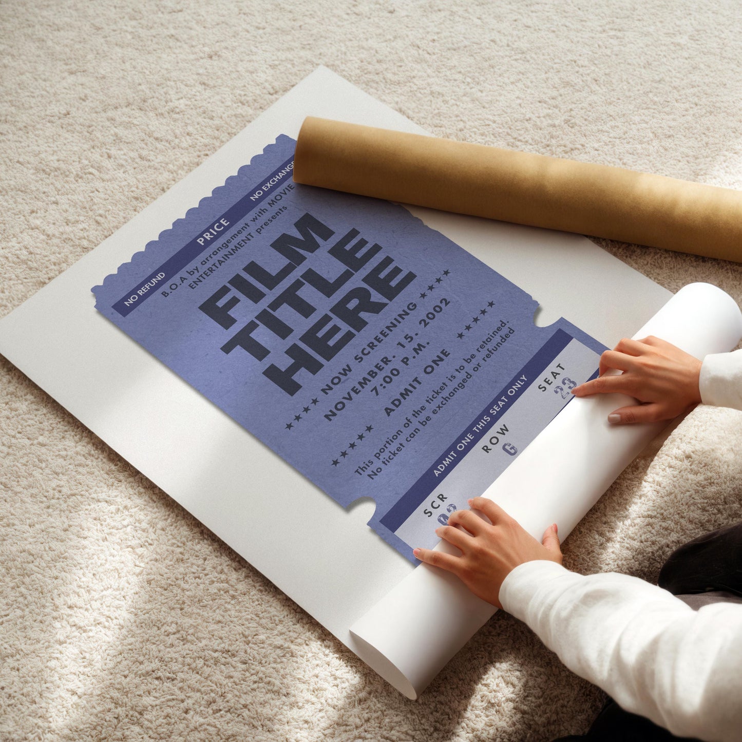 vintage blue cinema ticket stub art rolled out poster