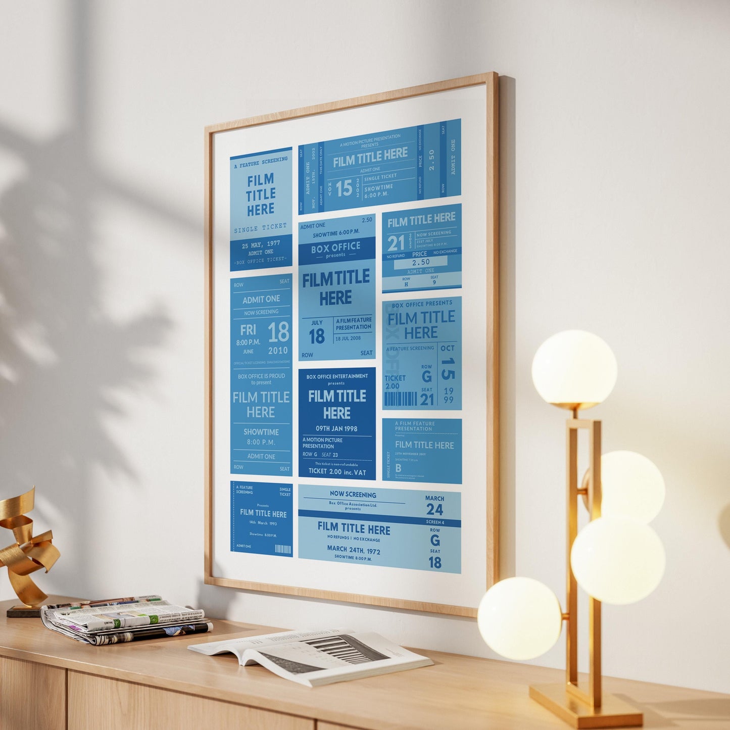 Framed retro movie ticket art leaning on wall in living room, unique keepsake gift for film lovers.