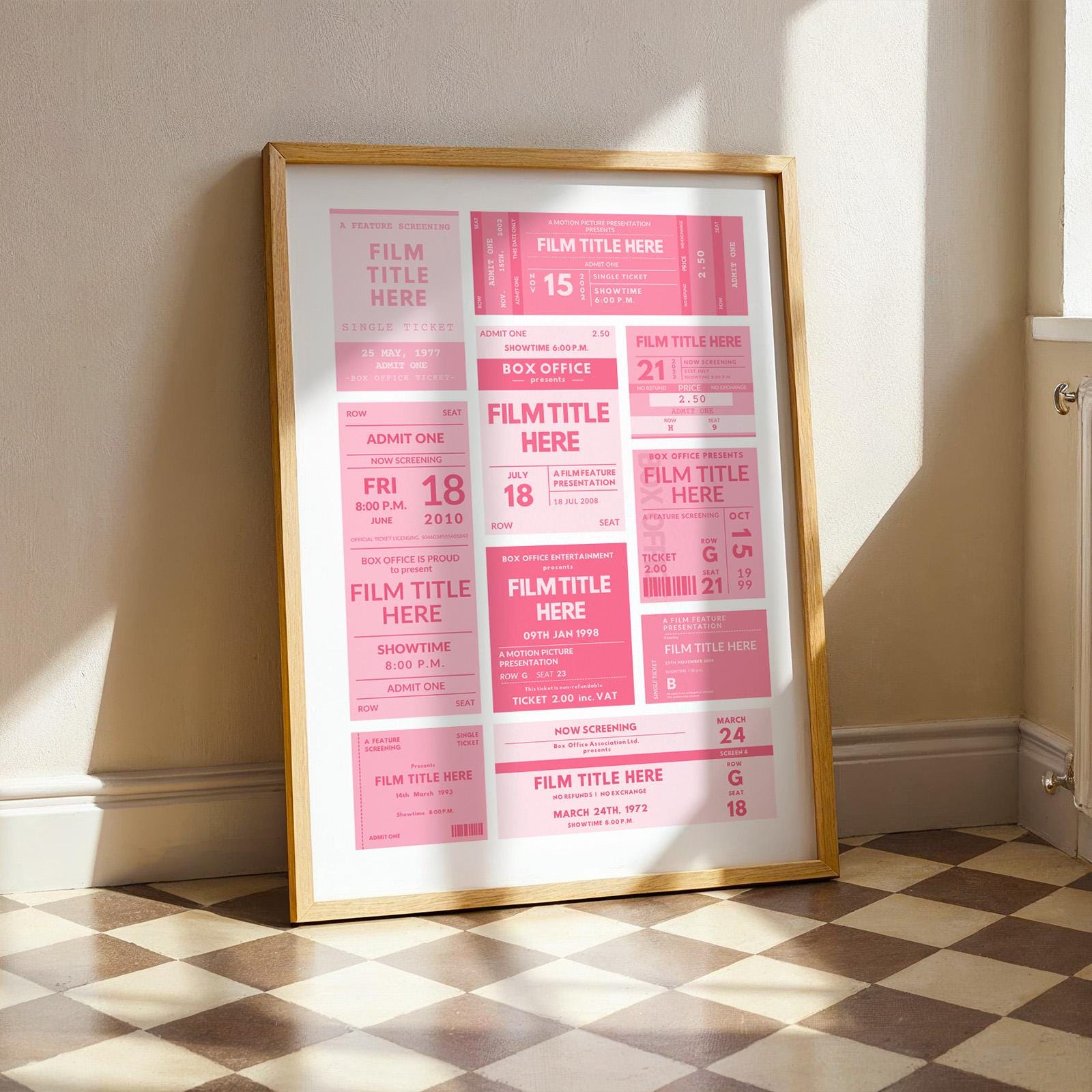 Perfect gift idea for cinema lovers. Pink colour scheme ticket stub artwork