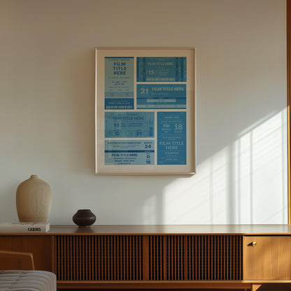 minimalist japandi home style with a blue retro style event stub art on wall.