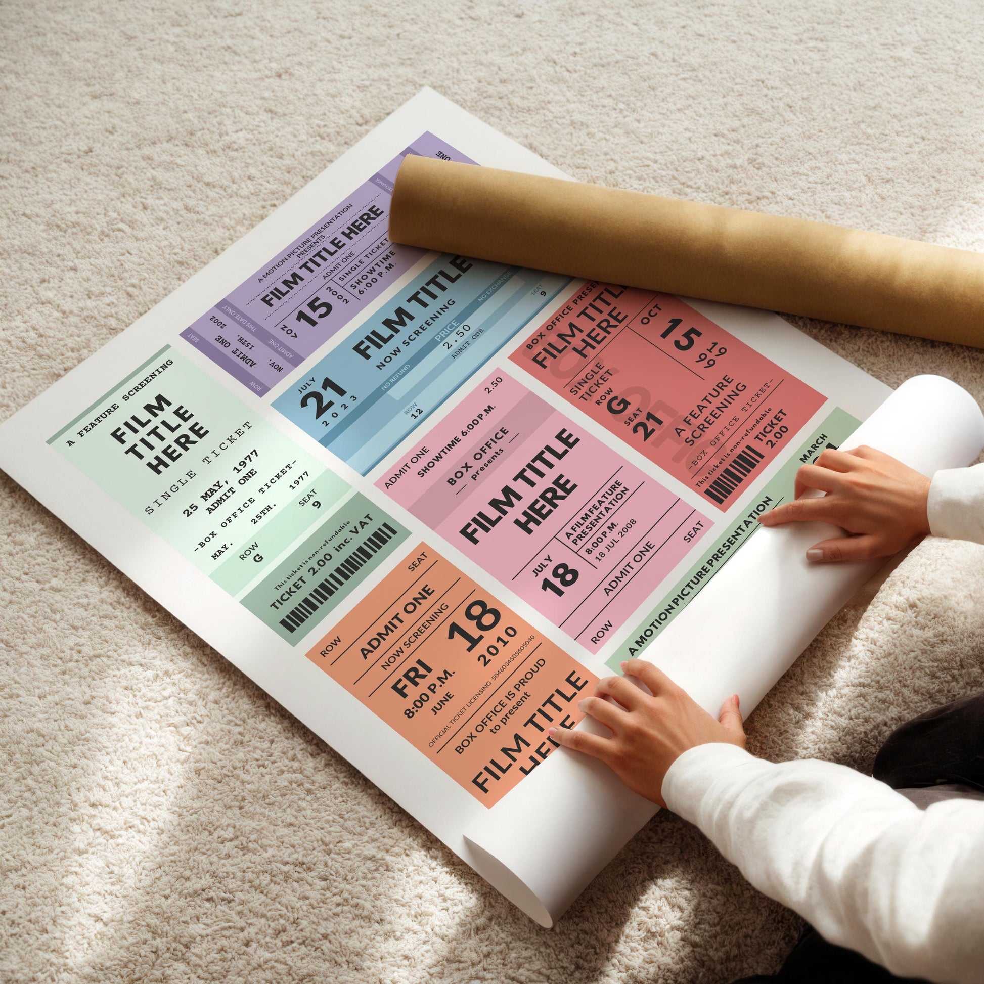 A custom colour scheme colourful poster being rolled up.