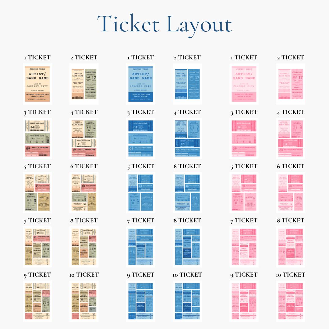 Bespoke vintage concert wall art can be personalised to have between 1-10 tickets of your gigs on them.