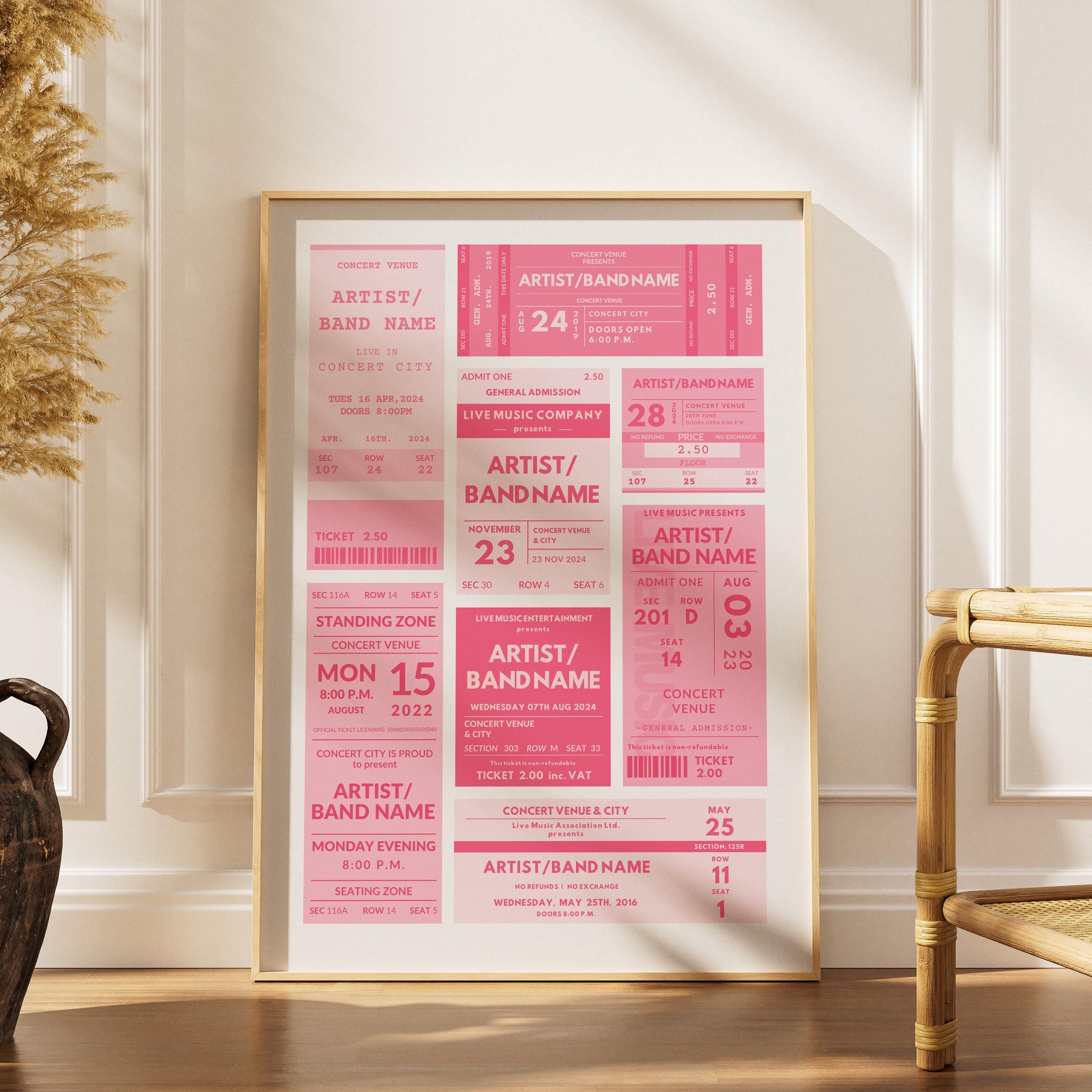 Custom vintage music event ticket print, framed on shelf bespoke design, perfect nostalgic music gig gift idea.