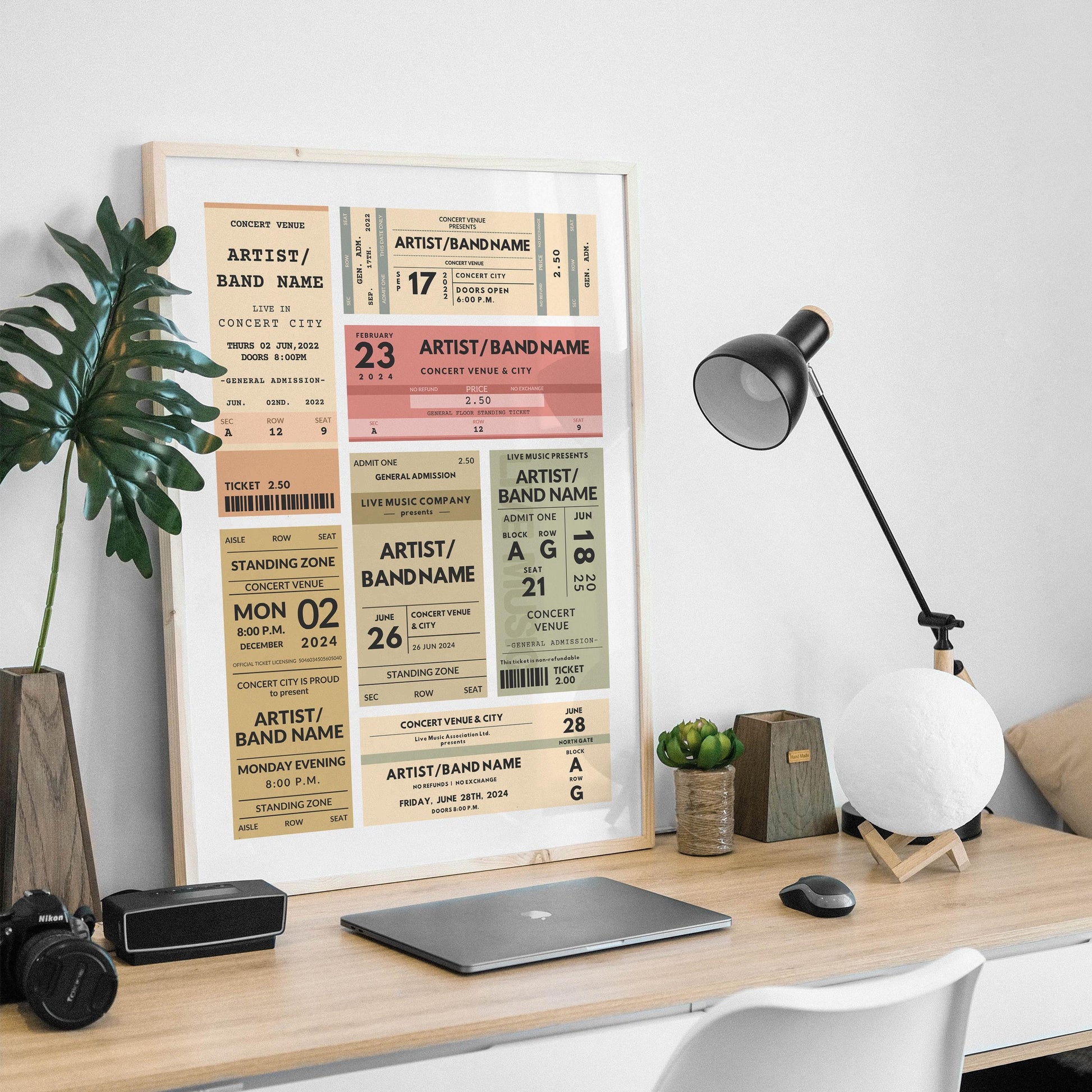 Bespoke custom concert ticket art, vintage style, framed nostalgic gift for music fans. Framed on bedroom floor leaning.